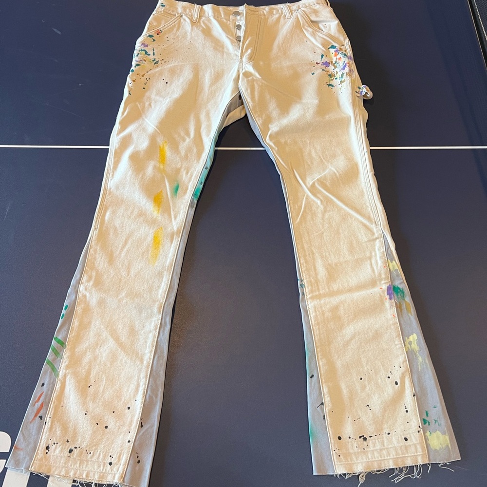 Mnml flare denim cream paint splatter jeans size 32